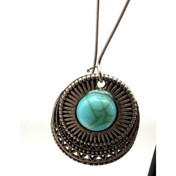 Turquoise Style Medallion Dangle Earrings Boho Tribal Statement - Picture 3 of 8